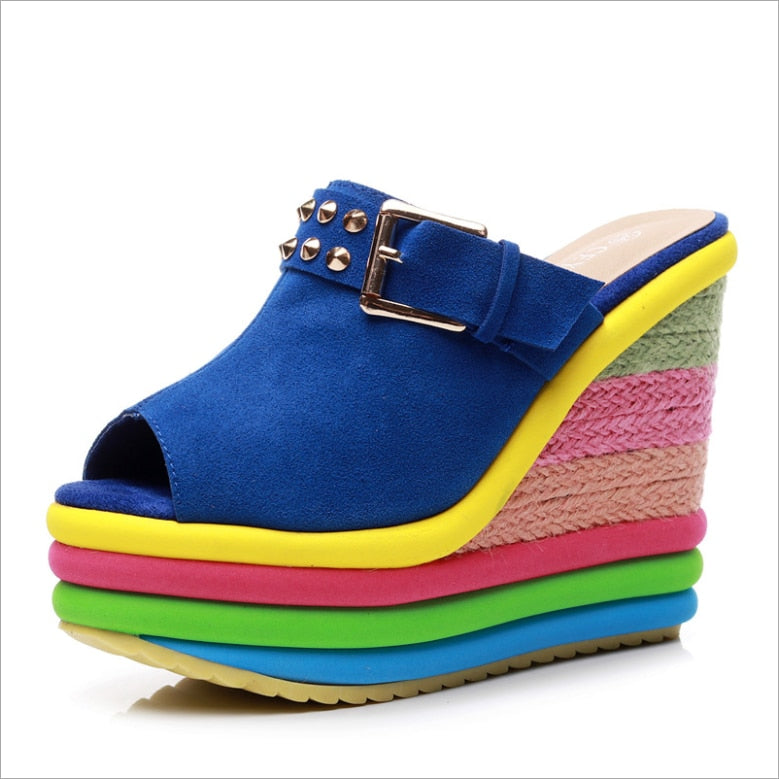 Rainbow Striped Peep Toe Platform Bowknot Hemp Bottom Buckle Ankle Strap Wedge Sandals