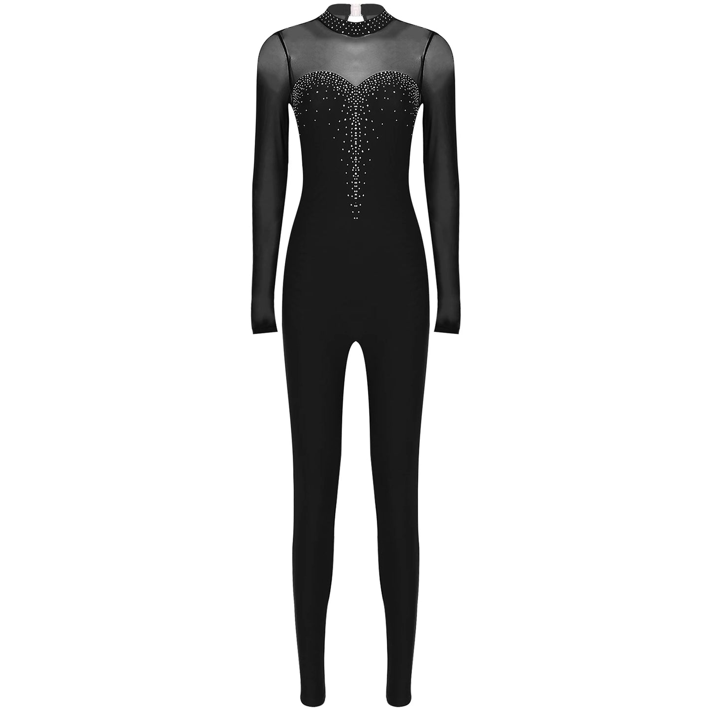 Rhinestone Women's Long Sleeve Gymnastics Leotard Performance Jumpsuit
