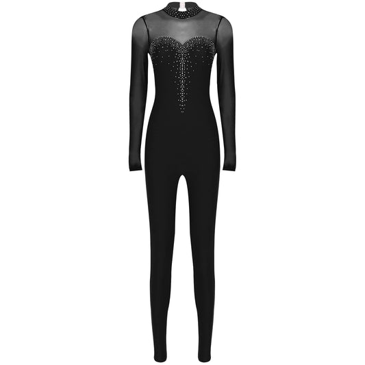Rhinestone Women's Long Sleeve Gymnastics Leotard Performance Jumpsuit