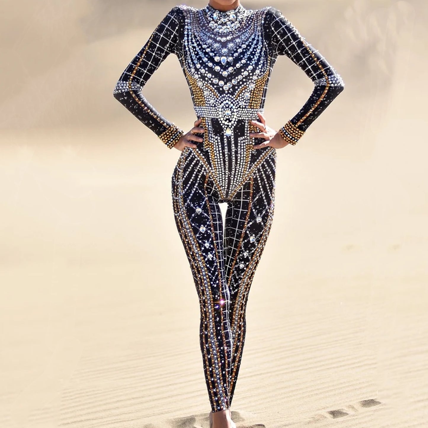 Sparkling Rhinestone Long Sleeve Spandex Jumpsuit