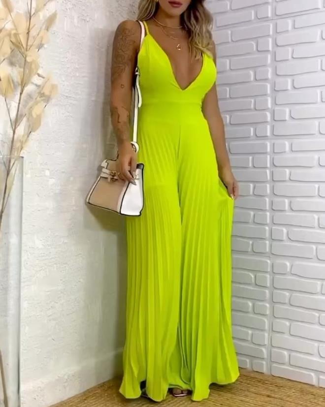 Deep V-Neck Plunge Sleeveless Pleated Wide Leg Jumpsuit