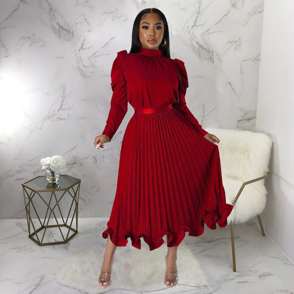 Women’s Solid Color O-Neck Lantern Sleeve Blouse + A-Line Flounce Formal Pleated Maxi Skirt w/ Sash Belt 2-Piece Set