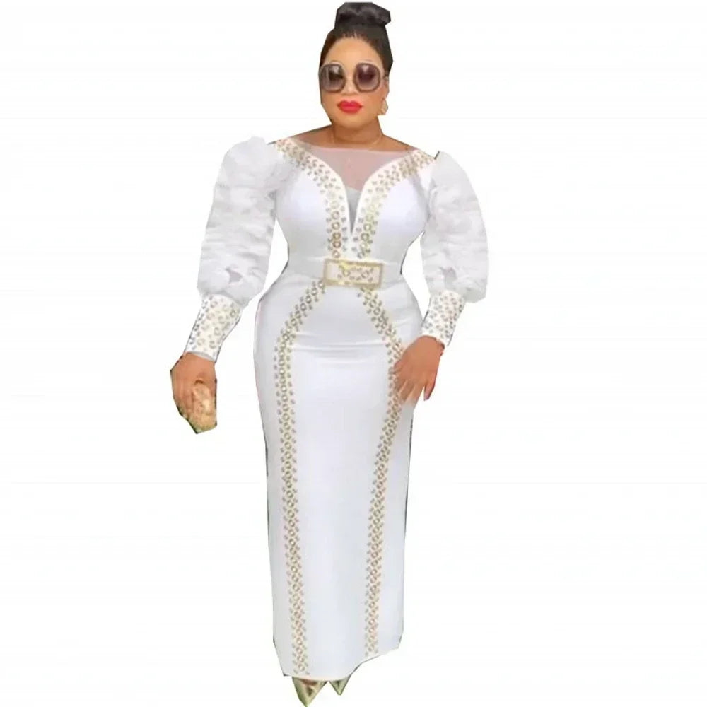 Rhinestone Sheer Belted Puff Balloon Sleeve Formal Wedding Evening Bodycon Formal Maxi Dress