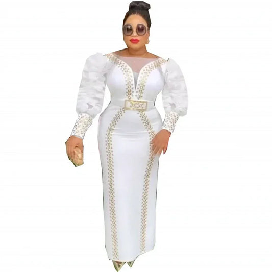 Rhinestone Sheer Belted Puff Balloon Sleeve Formal Wedding Evening Bodycon Formal Maxi Dress