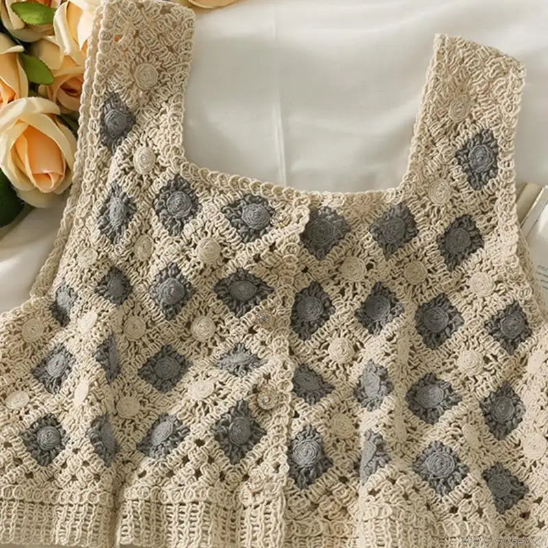 Crochet Multi-Colored Square Flower Design Knitted Square Neck Women's Sleeveless Cropped Tank Top