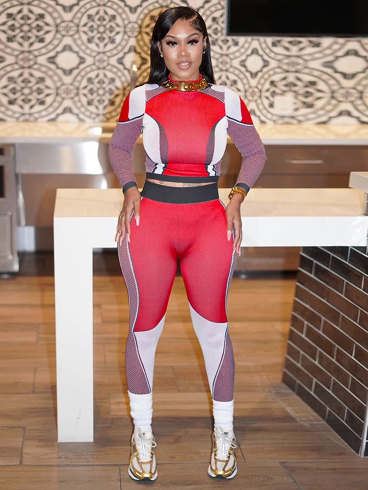 Colorblock Patchwork Short Sleeve Women's Fitness O-Neck T-Shirt + High Waist Spandex Workout Leggings Tracksuit