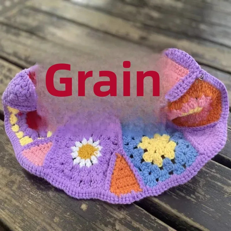 Handmade Knitted Crochet Large Brim Patchwork Flower Design Yarn Hook Needle Fisherman's Bucket Hat