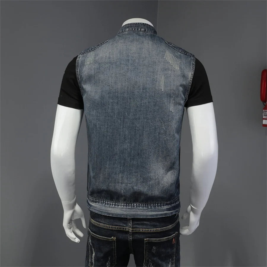 Punk Men's Denim Sleeveless Ripped Slim Fit Mandarin Collar Hip-Hop Jean Vest