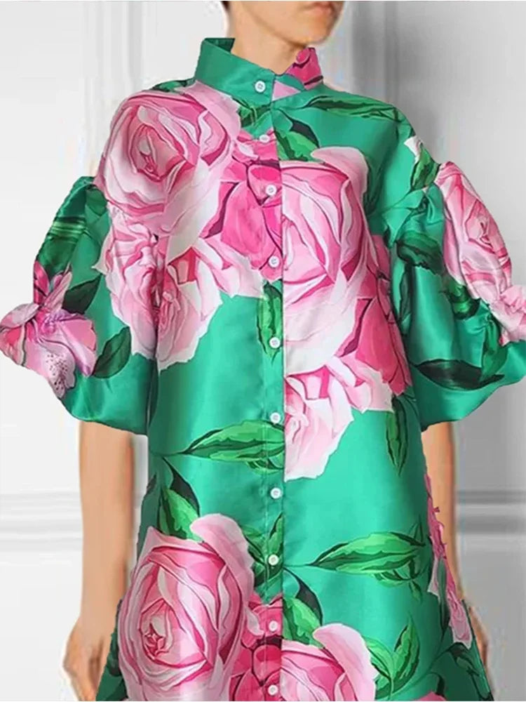 Silky Pink Rose Contrast Print Button-Up Short Sleeved Turn-Down Collar Midi Shirt Dress