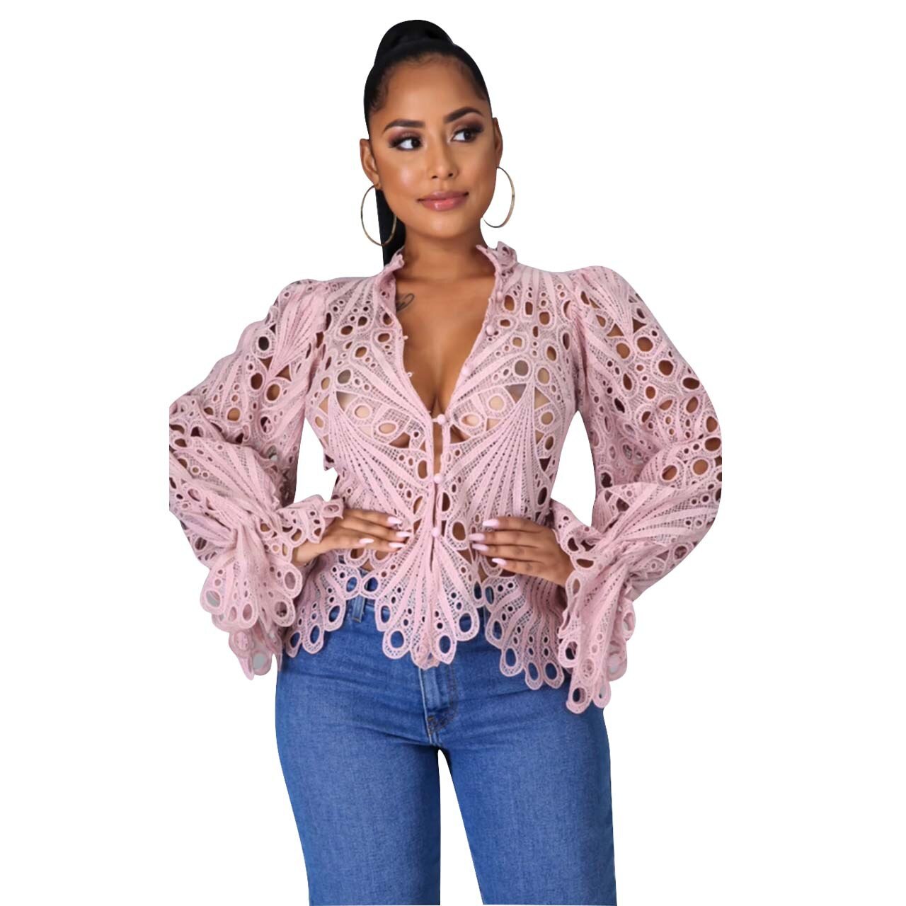 Lace V-Neck Hollow Out Long Sleeve Blouse