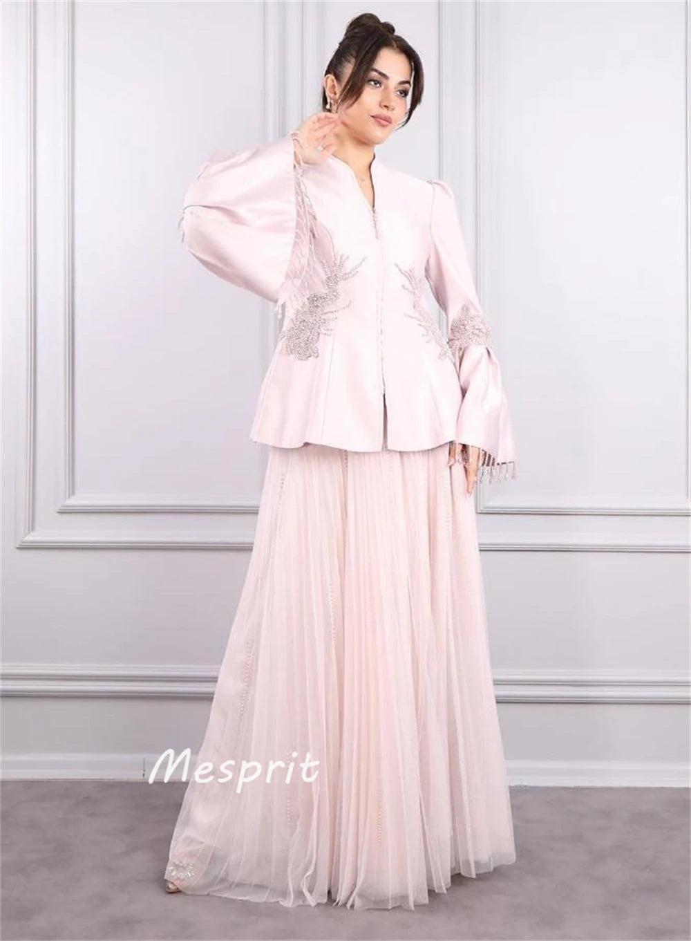 Satin Stand Collar Flared Sleeve A-Line Beaded Tulle Draped Bespoke Pleated Formal Occasion Maxi Dress