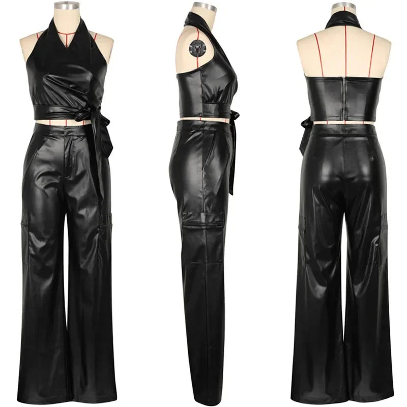Wrapped Sleeveless PU Leather Backless Cropped Halter Top + Wide Leg Pants Women's 2-Piece Set