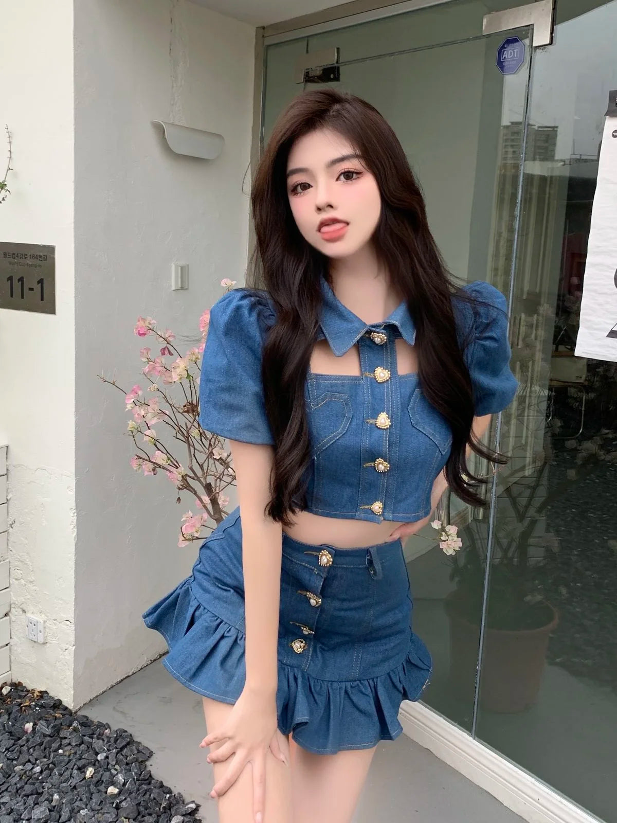 Denim Heart Design Button-Up Short Puff Sleeve Turn-Down Collar Crop Top + Ruffled Mermaid Mini Jean Skirt 2-Piece Set