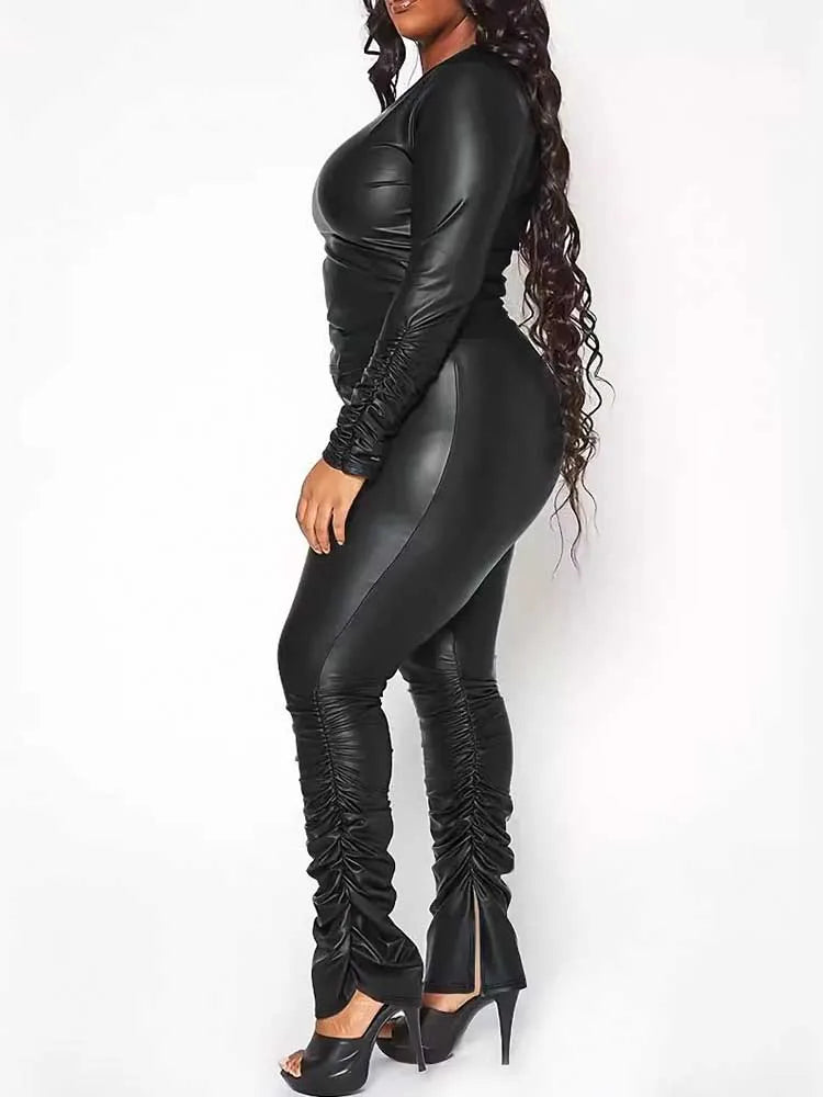 Black Solid Color Stretch PU Leather Long Sleeve Women's Top + Stacked Ruched Leggings 2-Piece Set to 5X Plus Size