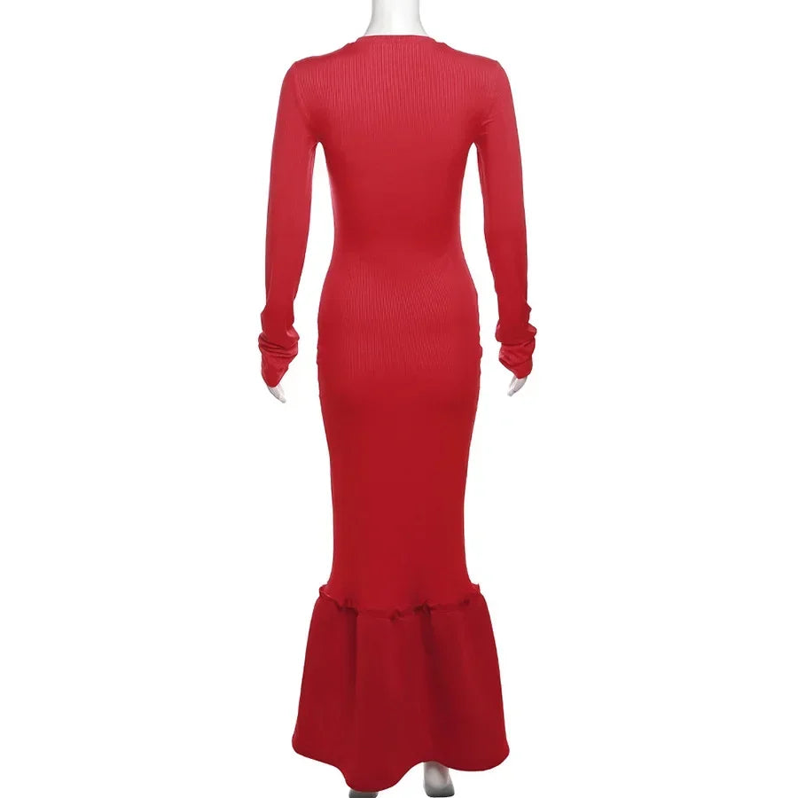 Red Patchwork Ribbed Bodycon O-Neck Ruffled Hem Long Sleeve Maxi Dress