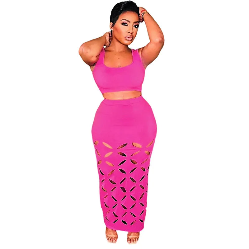 Sleeveless Solid Color Cropped Tank Top + Geometric Hollow-Out Floral Pattern Midi Skirt Women's 2-Piece Set