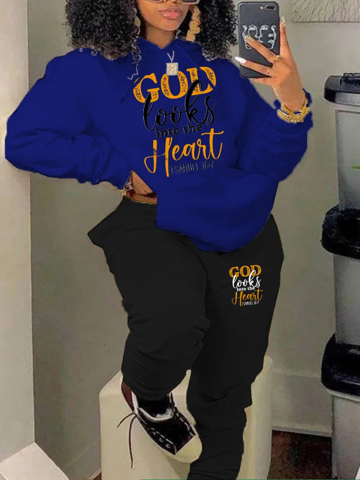 "GOD Looks Into The Heart"/Money/Butterfly Printed Women's Hoodie Sweatshirt + Solid Sweatpants Tracksuit to 5X Plus Size