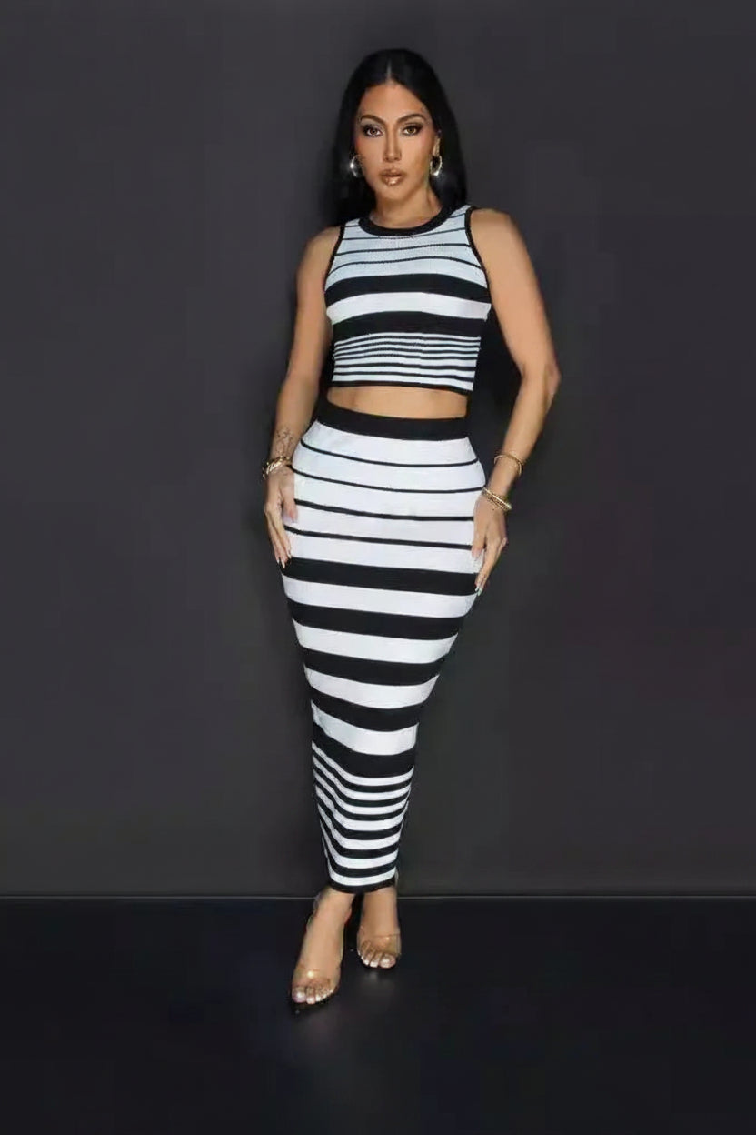 Striped Round Neck Sleeveless Crop Top + Bodycon Maxi Skirt Women's 2-Piece Set