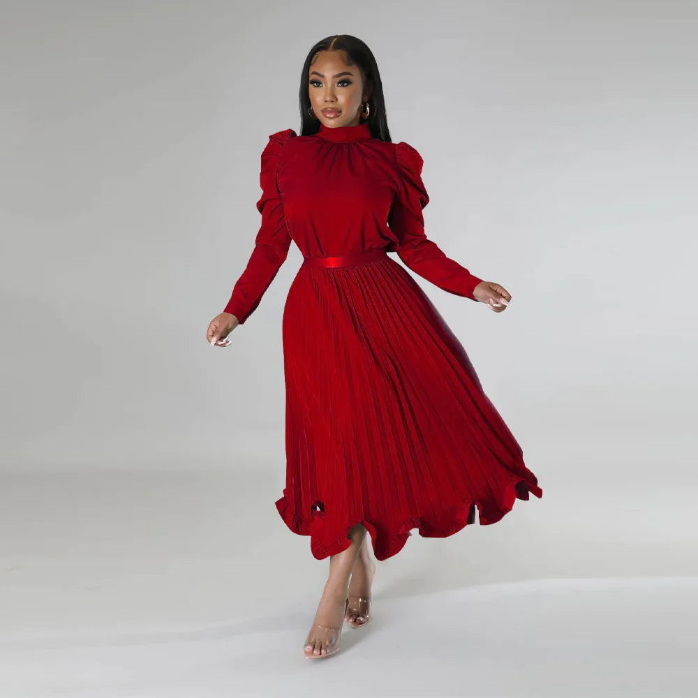 Women’s Solid Color O-Neck Lantern Sleeve Blouse + A-Line Flounce Formal Pleated Maxi Skirt w/ Sash Belt 2-Piece Set