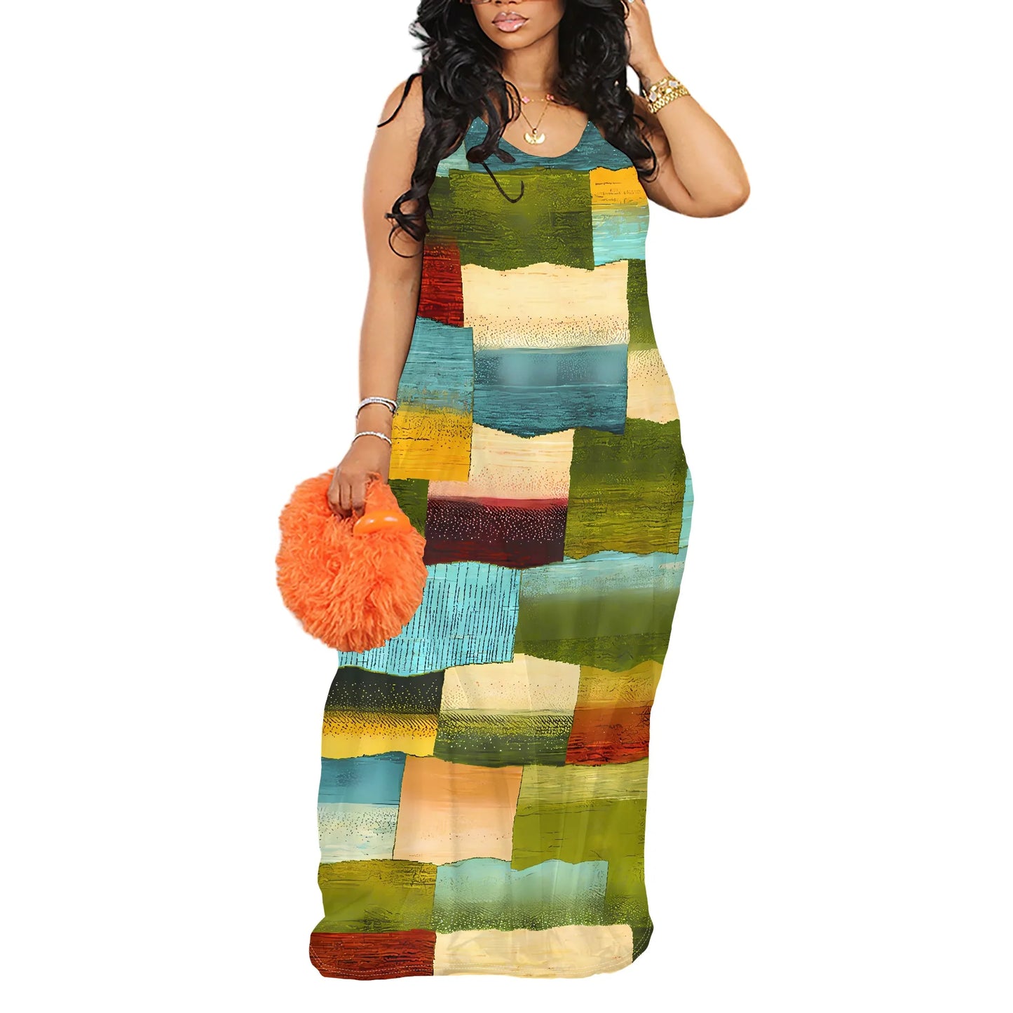 Camo/Tie-Dye/Plaid/Geometric/Colorblock/Rainbow Print V-Neck Spaghetti Strap Print Dress Maxi Dress to 3X Plus Size