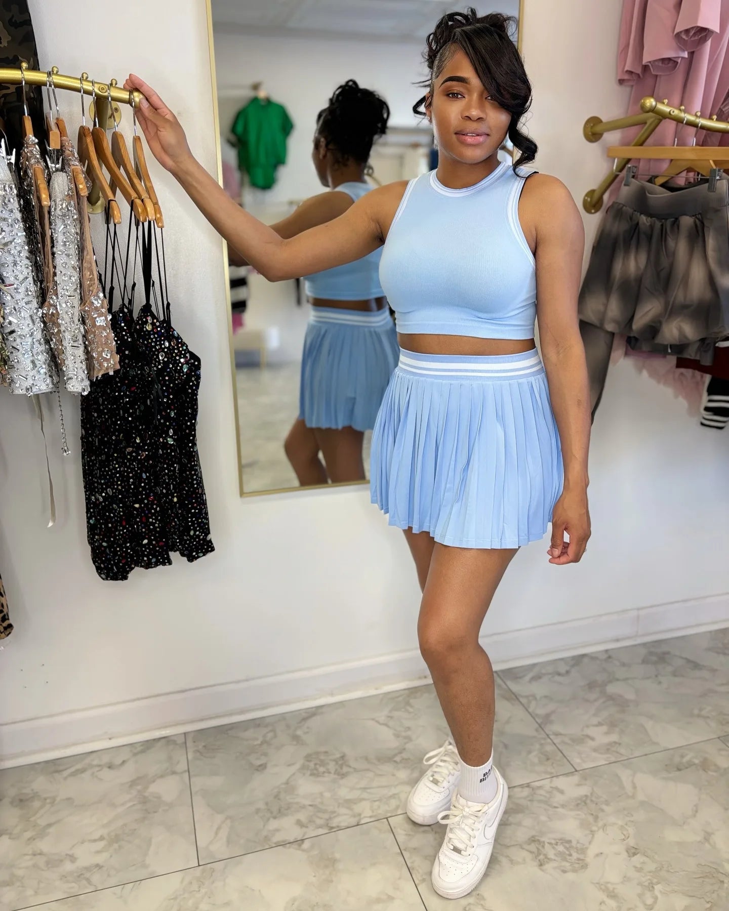 Sleeveless Solid Color O-Neck Crop Tank Top + Pleated Mini Tennis Skirt Women's Fitness 2-Piece Set