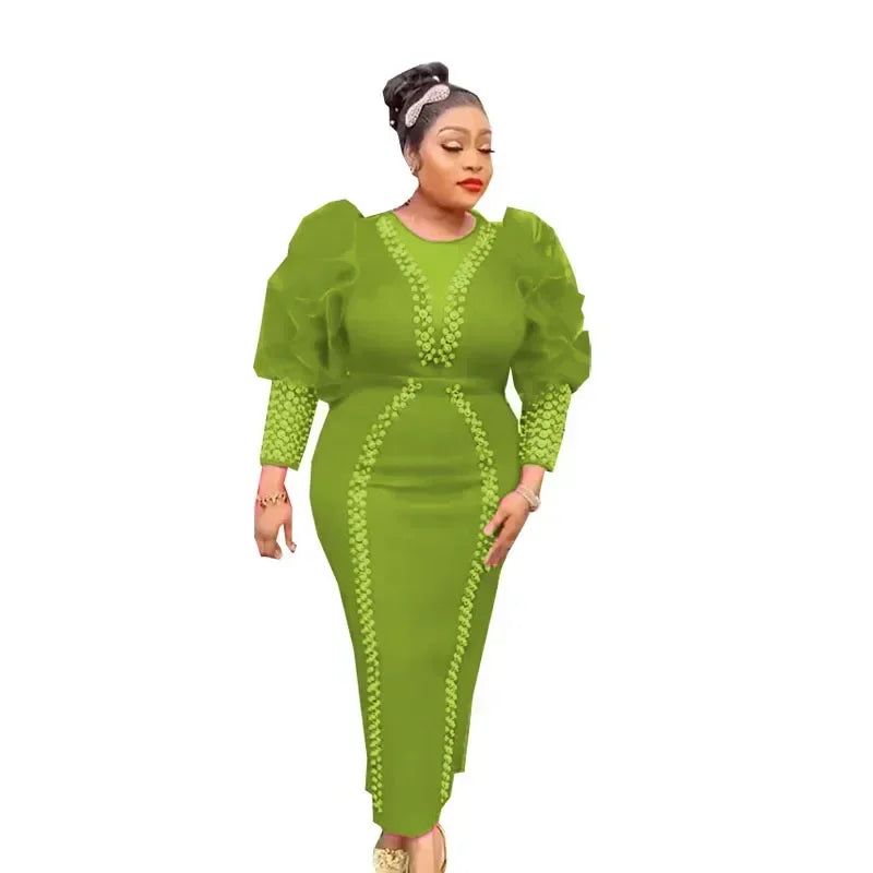 Rhinestone Sheer Belted Puff Balloon Sleeve Formal Wedding Evening Bodycon Formal Maxi Dress