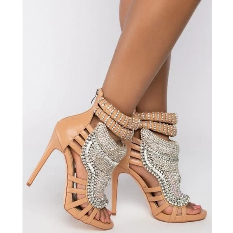 Glitter Crystal Stiletto Rhinestone Peep Hollow Sandal Ankle Boots