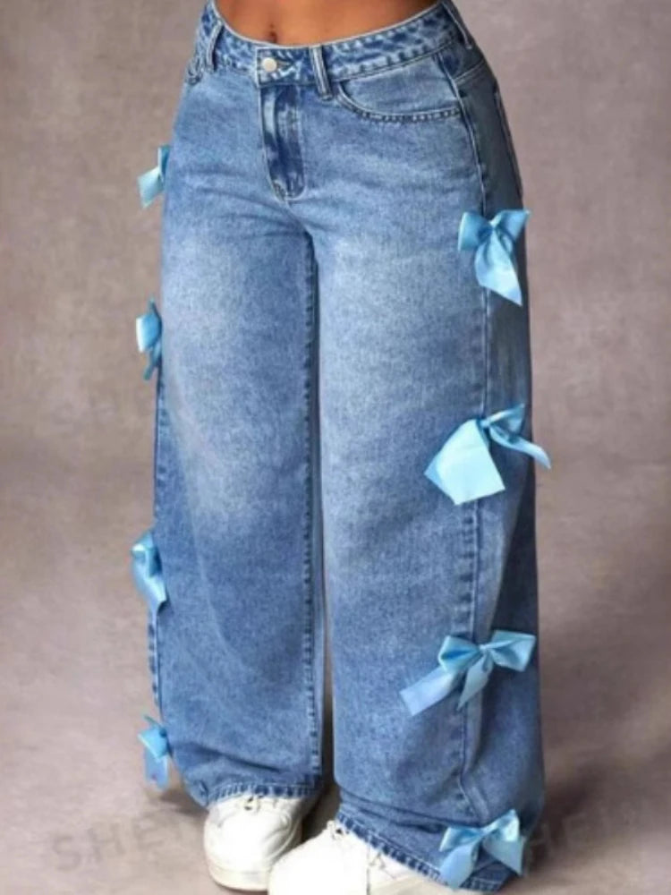 Pink/Blue Bowknot Decor Distressed Washed Light Blue Denim Women's Baggy Aesthetic Jeans