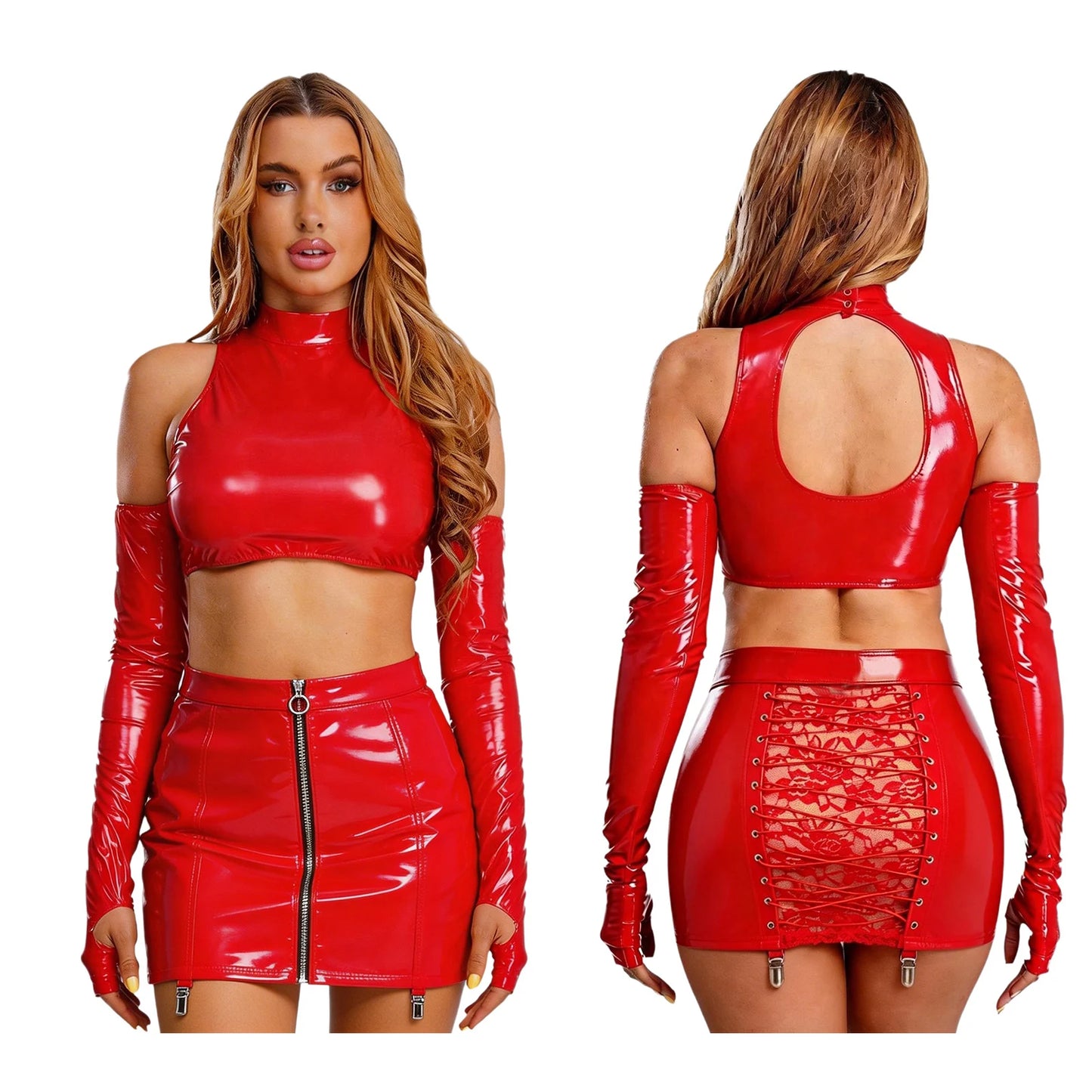 PU Leather Bare Shoulder Long Sleeve Cut-Out Crop Top + Zipper Front Transparent Floral Lace Back Design Bodycon Mini Skirt Women's 2-Piece Set to 3X Plus Size