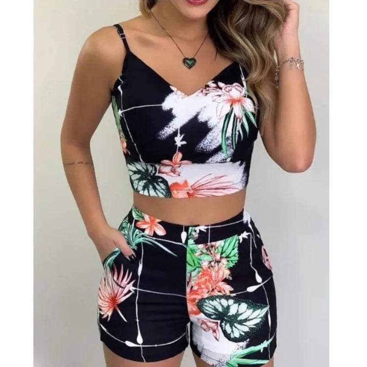 Tropical/Floral/Cherry/Striped Print Women's Crop Tank Top + Matching Shorts 2-Piece Set to 3X Plus Size