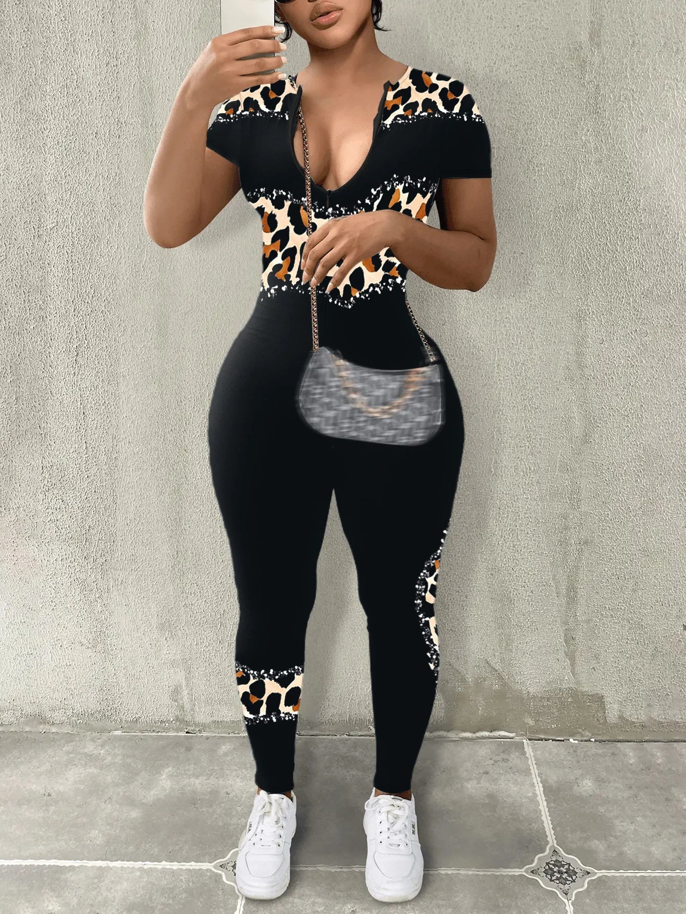 Leopard/Geometric Colorblock Striped Print Zipper V-Neck Short Sleeve Jumpsuit