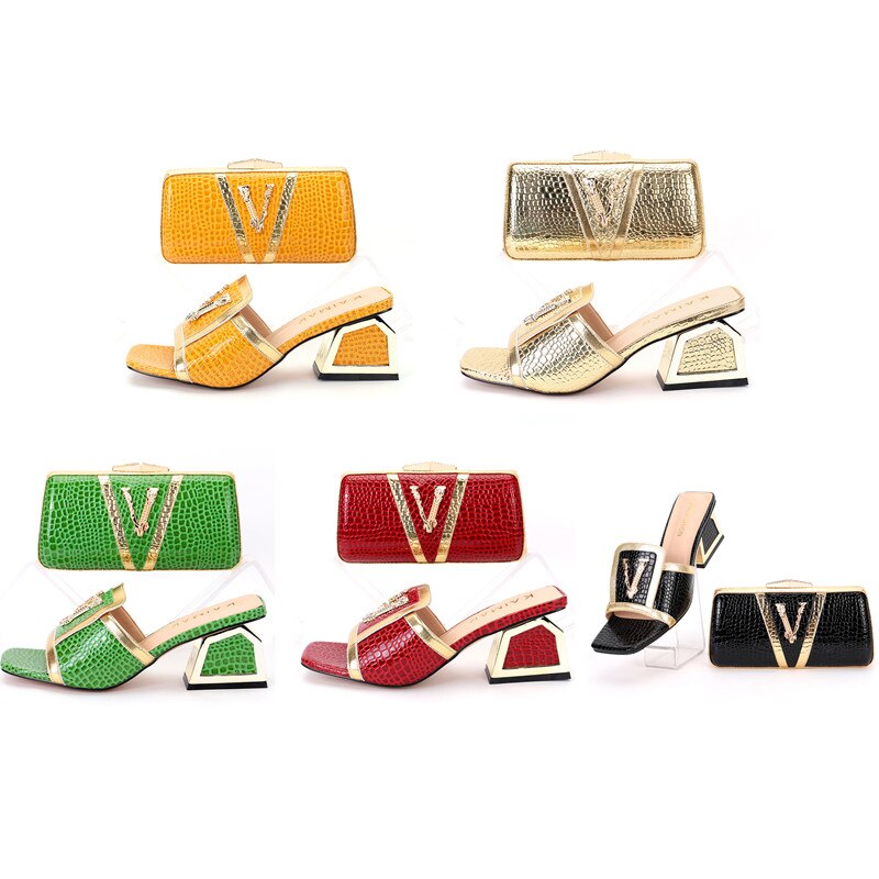 V Design Thick Heel Slipper Sandals +  Clutch Purse Set