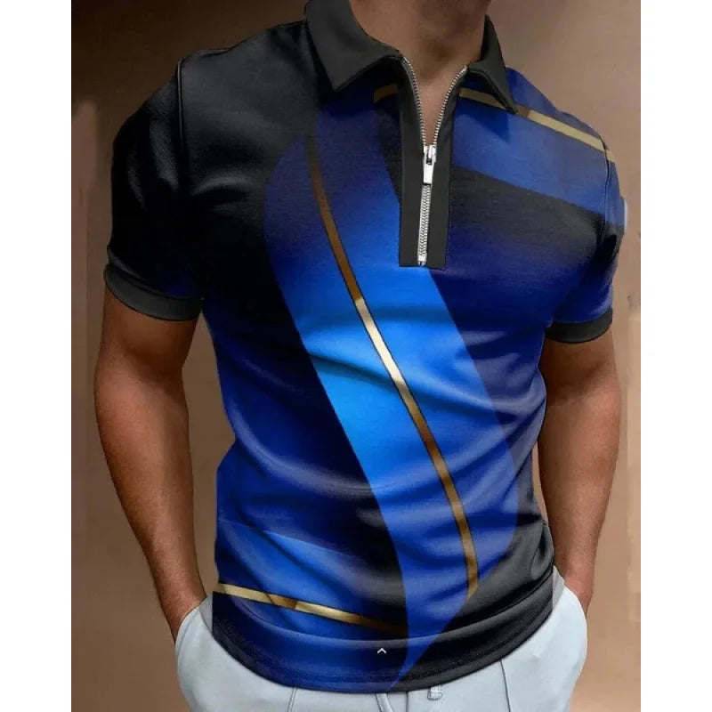 Men's Striped Swirl 3D Print Designer Streetwear Short Sleeve Zipper Polo Shirts