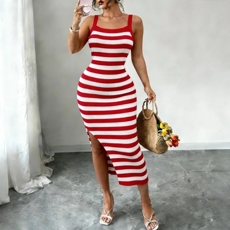 Sleeveless Striped Spaghetti Strap Stretch Knitted Bodycon Maxi Dress