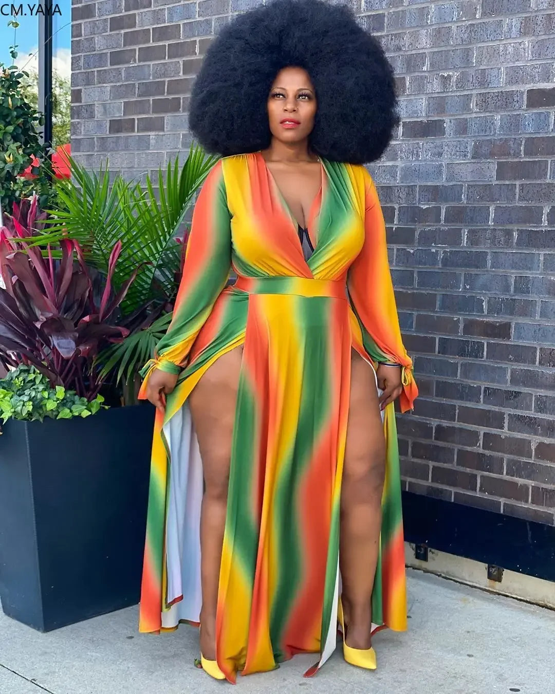 Rainbow Swirl Striped Print V-Neck High Slit Long Sleeve Floor Length Maxi Dress to 5X Plus Size