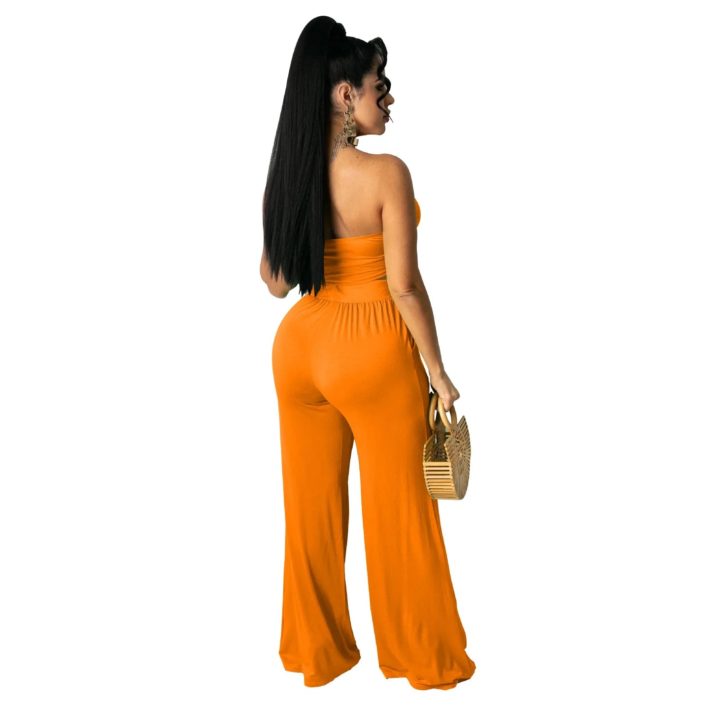 Strapless Hollow-Out  Hatler Neck Crop Top + Leggings Bodycon Solid Color Women's 2-Piece Set
