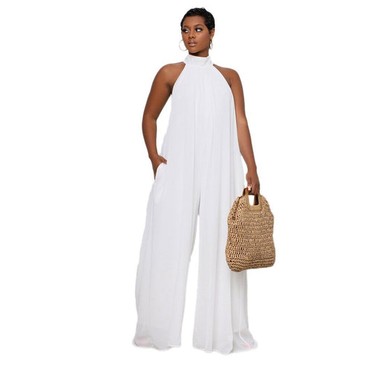 Wide Leg Sleeveless High Neck Solid Color Chiffon Loose Temperament Jumpsuit