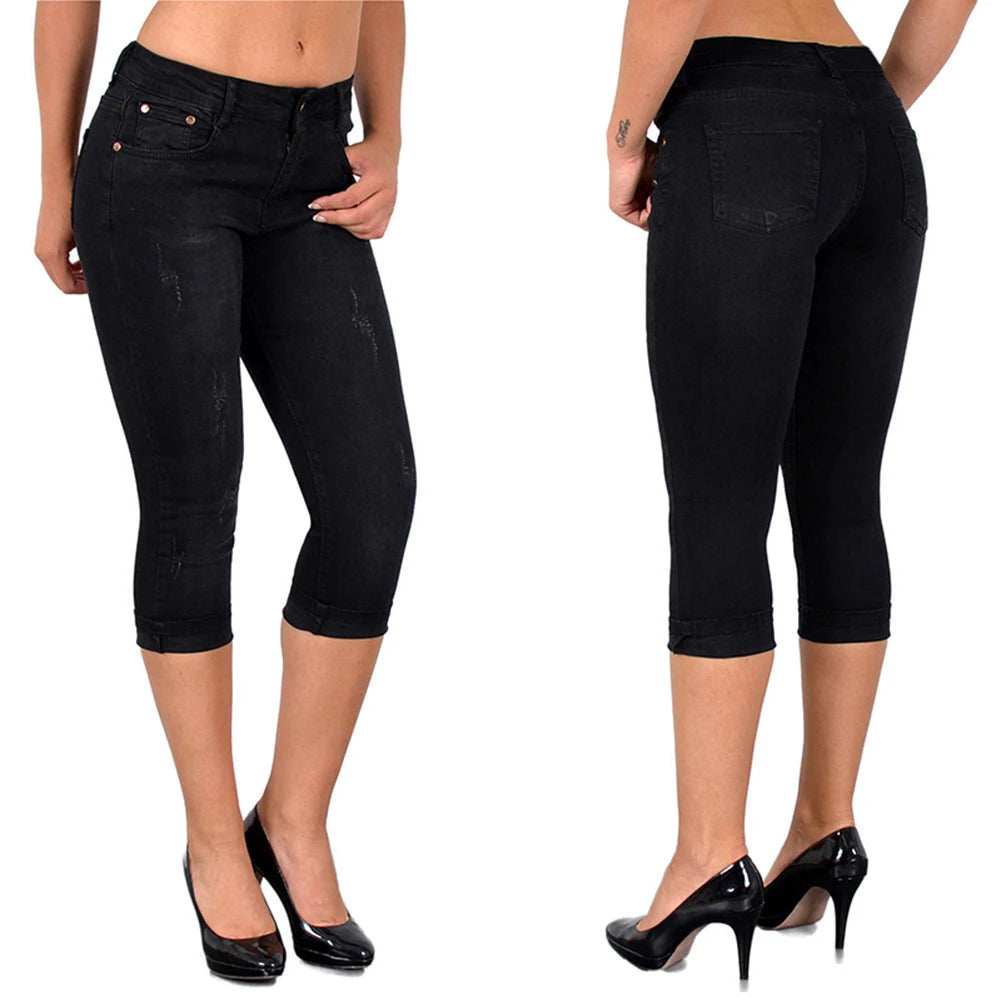 Solid Stretch Ladies Knee-Length Denim High Waist Skinny Jean Capri Pants