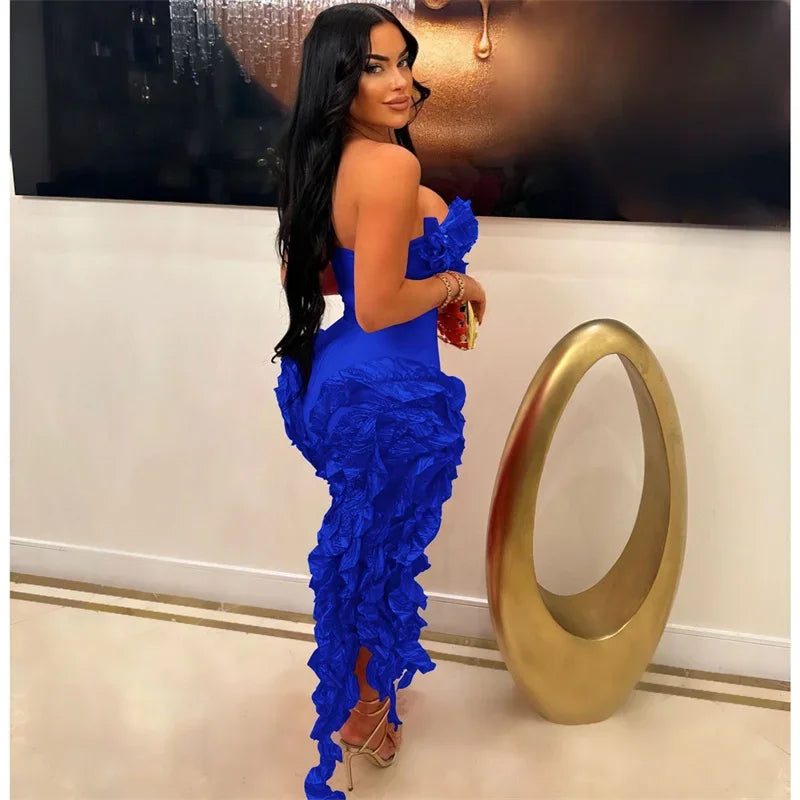 Sleeveless Floral Ruffled Tube Top Hanging Tassel Design Irregular Dress