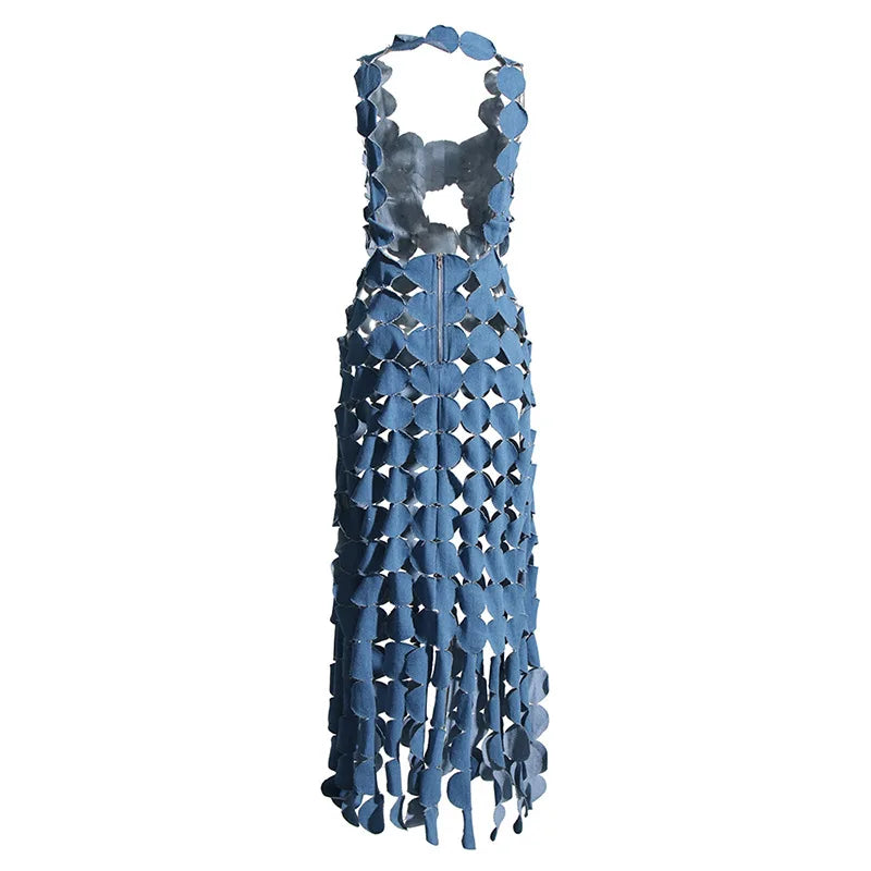 Denim Designer Sleeveless Hole Pattern Hollow-Out Tassel Fringe Maxi Dress