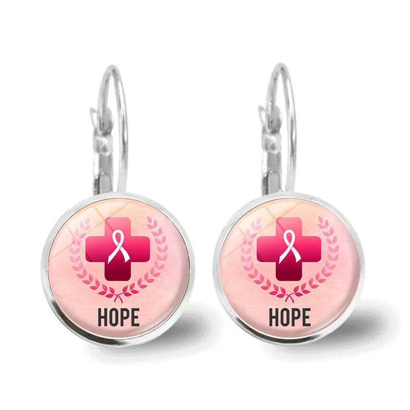 Glass Breast Cancer Awareness Ribbon Pendant Alloy Drop Earrings