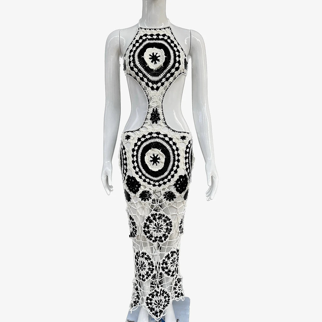 Handmade Crochet Floral Backless Sleeveless Hollow-Out Transparent Maxi Dress