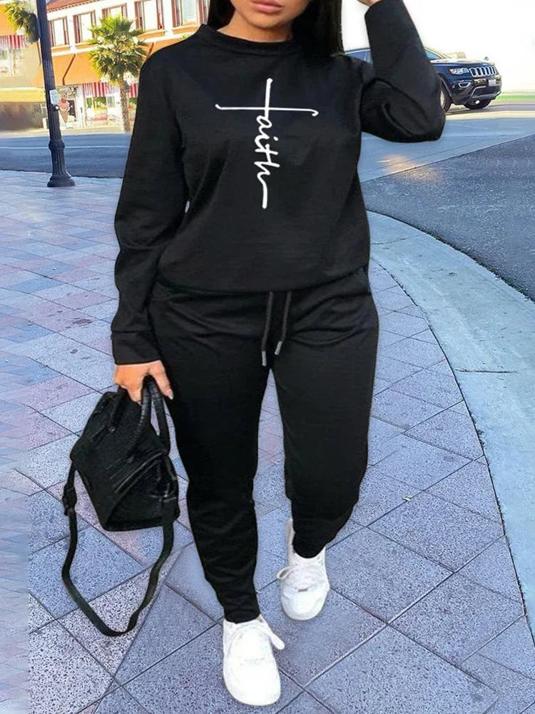 "Faith" "No Not Today"Ladies Geometric Print Colorblock Sweatshirt & Drawstring Sweatpants 2-Piece Sweatsuit to 4X