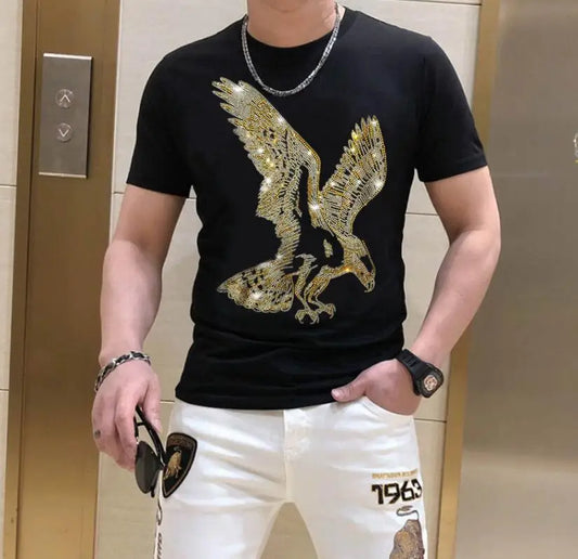 Men's Rhinestone Gold Metallic Eagle Print Short Sleeve Hip-Hop T-Shirt