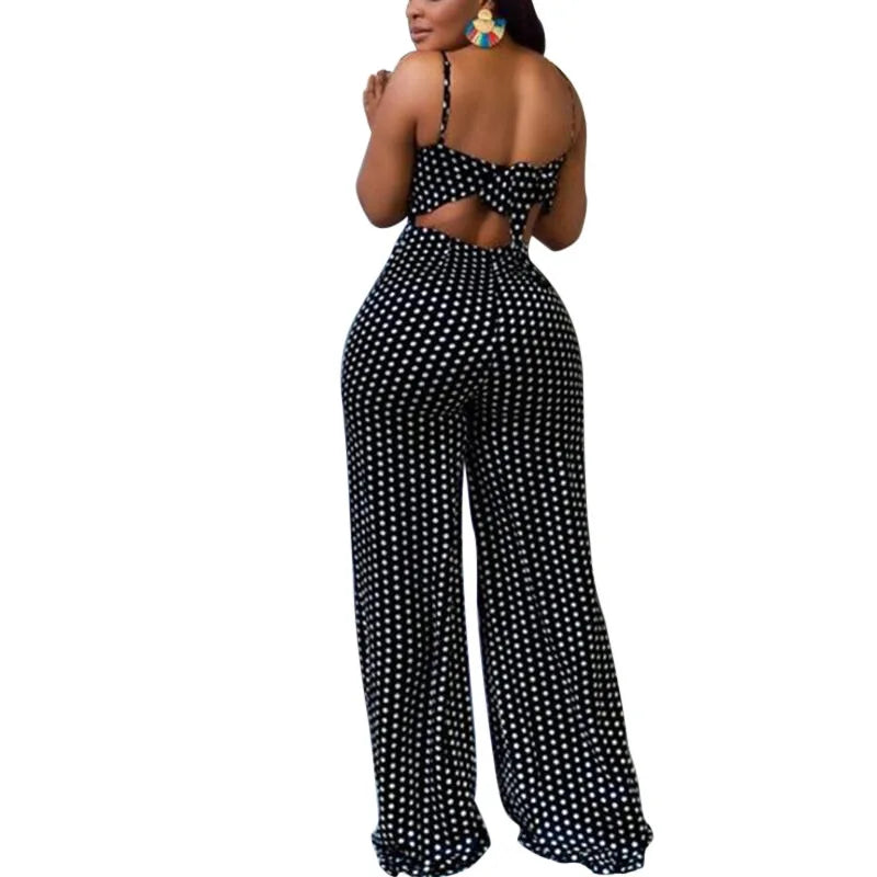 Polka Dot Square Neck Lace-Up Spaghetti Strap Backless Hollow-Out Wide Leg Jumpsuit