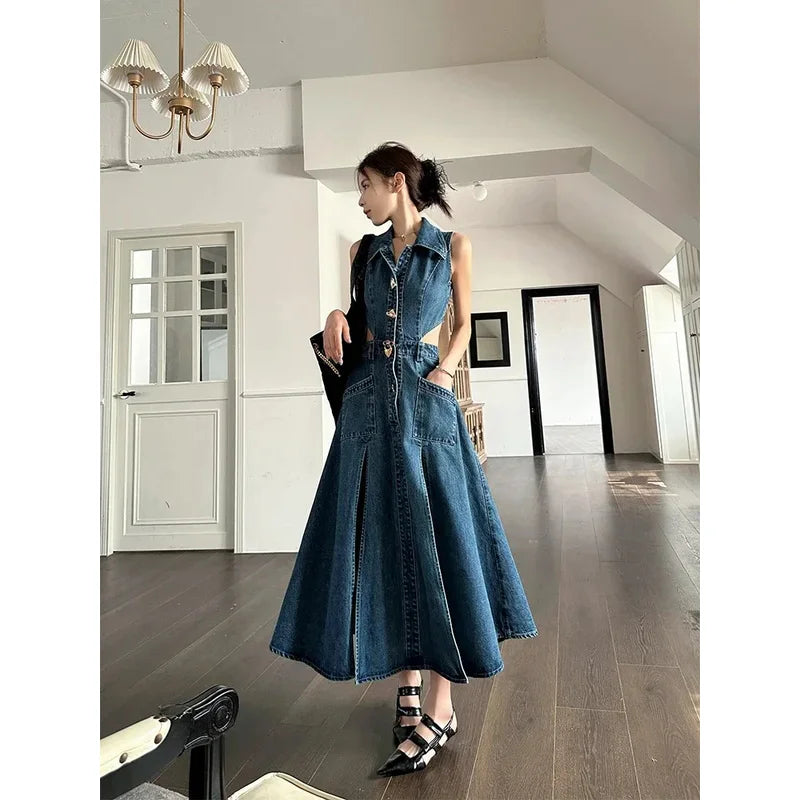 Denim Blue Button-Up High Slit Side Cut-Out Sleeveless Jean Dress