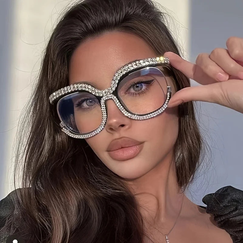 Rhinestone Crystal Decor Round Oversized Reading Eyeglasses