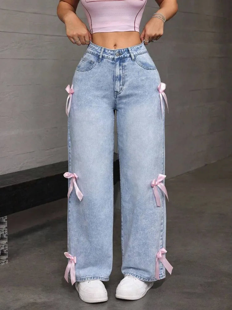 Pink/Blue Bowknot Decor Distressed Washed Light Blue Denim Women's Baggy Aesthetic Jeans