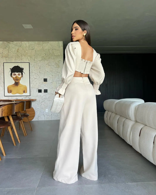 Flower Embroidered Backless High Street Cropped Backless Blazer + Wide Leg Pants Women's Suit or Hollow-Out Short Sleeve or Sleeveless Floral/Solid Jumpsuits
