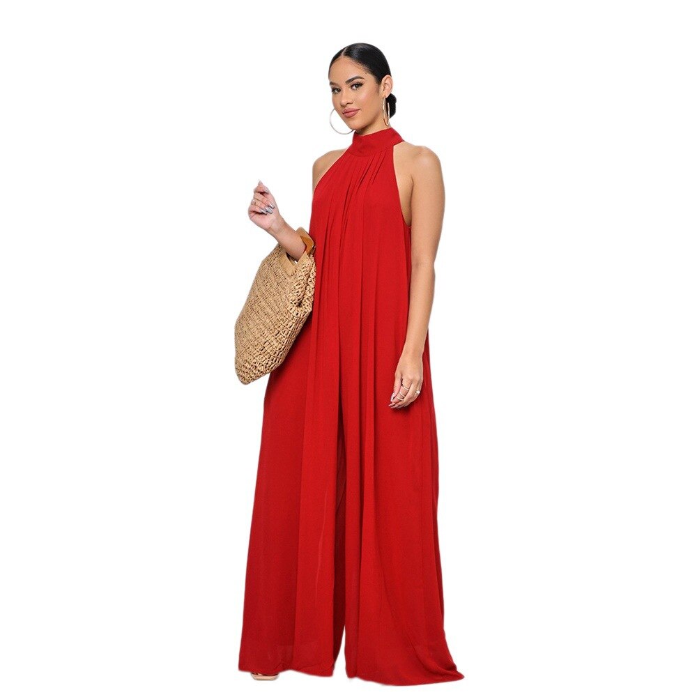 Wide Leg Sleeveless High Neck Solid Color Chiffon Loose Temperament Jumpsuit